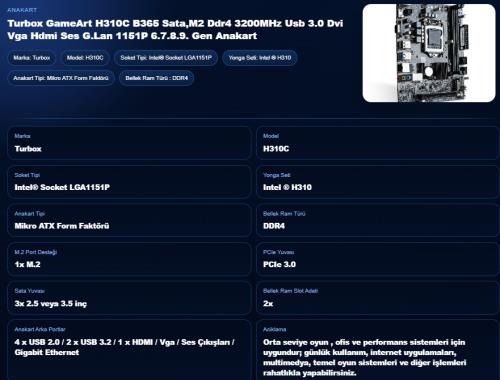 TURBOX GameArt H310C B365 Sata,M2 Ddr4 3200MHz Usb 3.0 Dvi Vga Hdmi Ses G.Lan 1151P 6.7.8.9. Gen Anakart